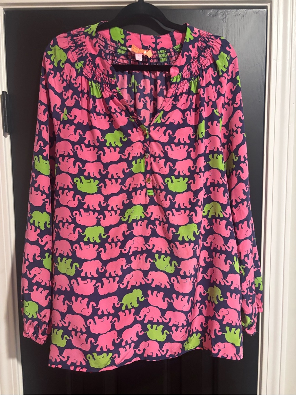 Lilly Pulitzer Pink Green Navy Elephant Print Blouse. Silk.